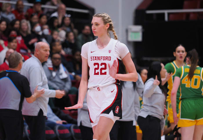 jan 29, 2023; Stanford, California, USA; Stanford Cardinal forward Cameron Brink (22) gestures towards the Stanford bench as a timeout is called against the Oregon Ducks during the third quarter at Maples Pavilion. Mandatory Credit: Kelley L Cox-USA TODAY Sports